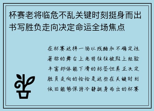 杯赛老将临危不乱关键时刻挺身而出书写胜负走向决定命运全场焦点